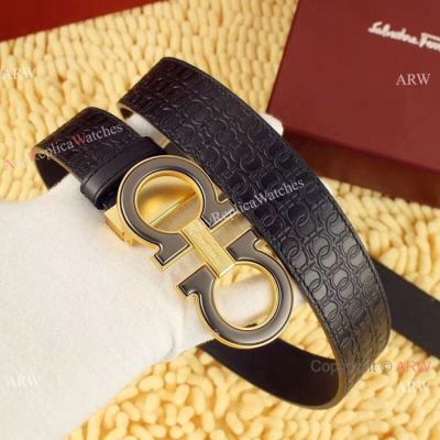 AAA Replica Ferragamo Logo Leather Belt - Black&Gold Buckle